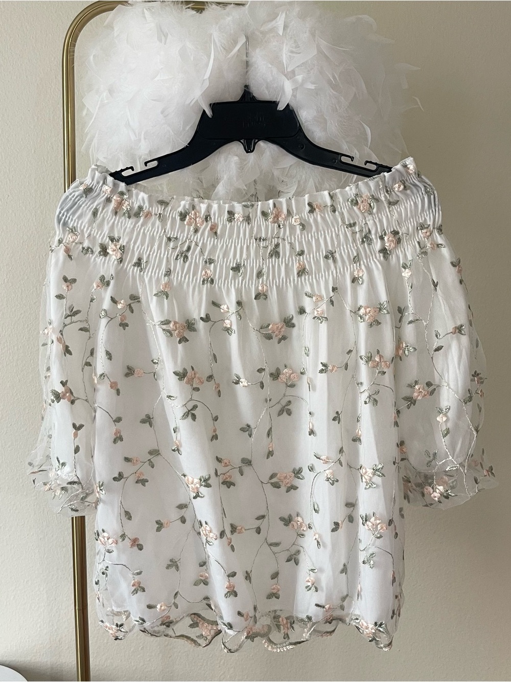 Off shoulder embroidery flower mesh top